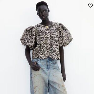 H&M Balloon-Sleeved Blouse - Light beige/leopard print /S